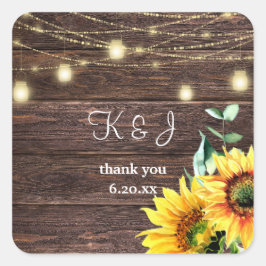 Sonnenblumen, Holz und Mason Jar String Lights Mon Quadratischer Aufkleber