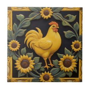 Sonnenblumen-Huhn - Gelbe Henne & Sonnenblumen Fliese