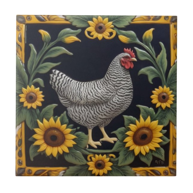 Sonnenblumen-Huhn - Graue Henne & Sonnenblumen Fliese (Vorderseite)