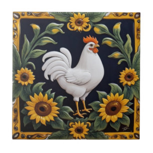 Sonnenblumen-Huhn - Weiße Henne und gelbe Sonnenbl Fliese