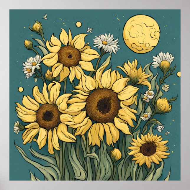 Sonnenblumen im Vollmond Van Gogh Stil Poster (Vorne)