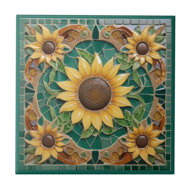 Sonnenblumen Imitate Mosaik Dunkelgrün Fliese (Vorderseite)