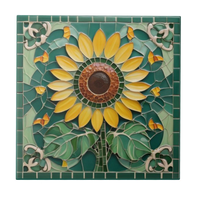 Sonnenblumen Imitate Mosaik Dunkelgrün Fliese (Vorderseite)