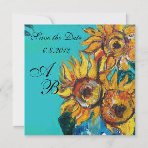 SONNENBLUMEN IN BLAU TURKIS SOMMER-PARTY-MONOGRAMM SAVE THE DATE