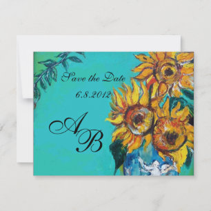 SONNENBLUMEN IN BLAU TURKOIS SOMMER-PARTY-MONOGRAM EINLADUNG