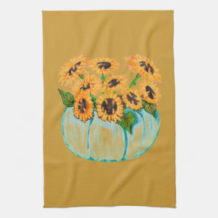 Sonnenblumen in blauem Kürbisvase Küchentuch