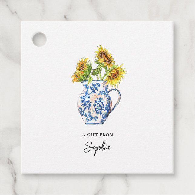 Sonnenblumen in blauen und weißen Vase Geschenketi Geschenkanhänger (Vorderseite)
