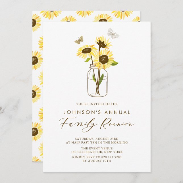 Sonnenblumen in Mason Jar Summer Family Wiedersehe Einladung (Vorne/Hinten)