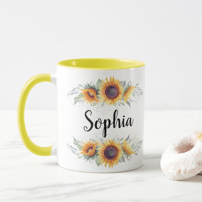 Sonnenblumen-Individuelle Name Tasse (Mit Donut)