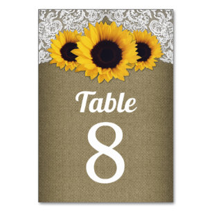 Sonnenblumen Jute-Spitze Hochzeit Tischnummer Kart