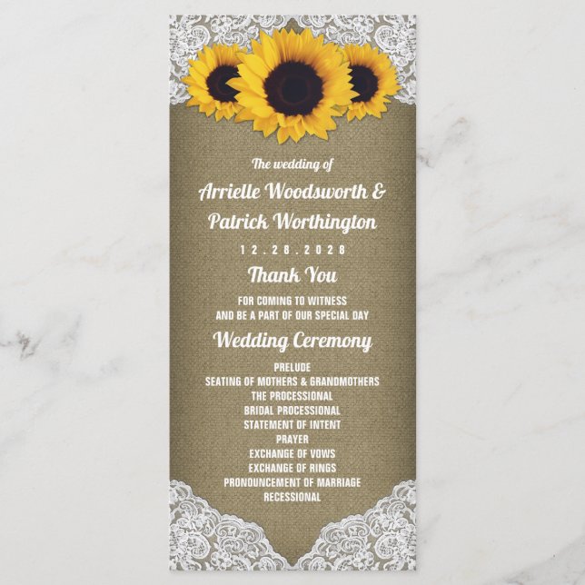 Sonnenblumen Jute und Spitze Rustikale Hochzeitspr Programm (Vorderseite)