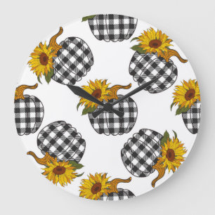 Sonnenblumen, karierter Kürbis, Bauernhaus-Dekorat Große Wanduhr