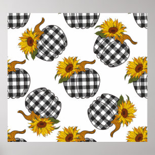 Sonnenblumen, karierter Kürbis, Bauernhaus-Dekorat Poster