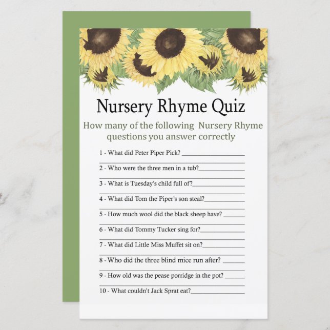 Sonnenblumen Kinderzimmer Rhyme Quiz Kinderduschen (Vorne/Hinten)