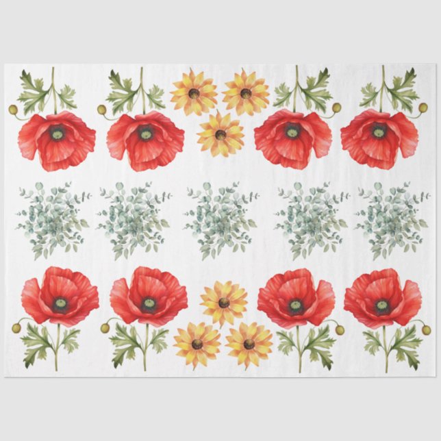 Sonnenblumen, Klatschmohn & Eukalyptus Decoupage Seidenpapier (Vorderseite)