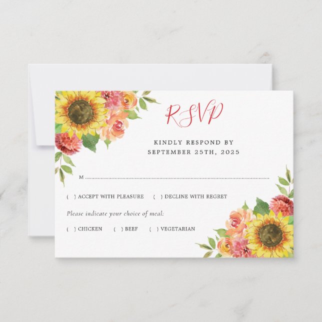 Sonnenblumen Korallenmahlzeiten Hochzeiten RSVP Karte (Vorderseite)