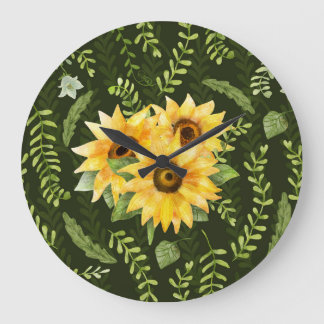Sonnenblumen Kräuter Blätter Wasserfarbenmuster Große Wanduhr