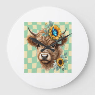 Sonnenblumen-Kuh Png, Süße Highland-Kuh Große Wanduhr