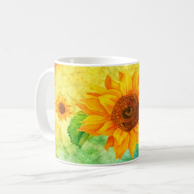 Sonnenblumen Kunst, Farben Wasser Hintergrund Kaffeetasse (Vorderseite Links)
