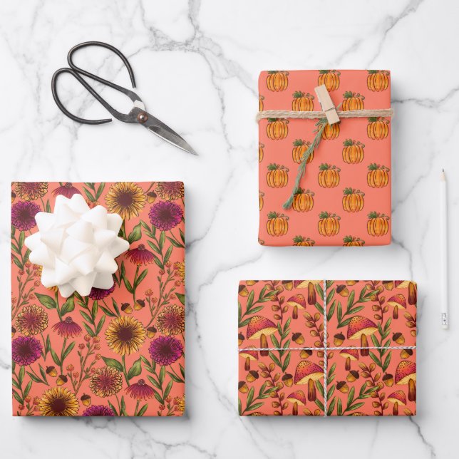 Sonnenblumen, Kürbis und Pilze auf Korallenrosa Geschenkpapier Set (Vorderseite)