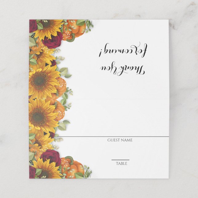 Sonnenblumen, Kürbispflanzen und Rose Platzkarten (Außenseite Aufgefaltet)