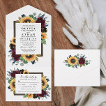 Sonnenblumen Land Rustikale Hochzeit im Herbst UAW All In One Einladung<br><div class="desc">Das Design besticht durch elegante Aquarelltöne, Rose, Wildblumen und Sonnenblumen in verschiedenen Bordeaux-, Marineblau- und mehr über einen Kranz Eukalyptusgrün. Im Design befindet sich auch ein Holzrahmen unter dem Kranz. Ein einzigartiges Schriftart-Layout ergänzt das Gesamtdesign. Sehen Sie sich die Sammlung auf dieser Seite an, um passende Produkte für Hochzeitsbriefpapier und...</div>