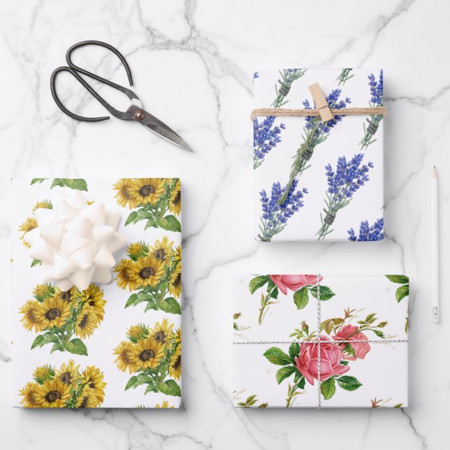 Sonnenblumen, Lavendel-Rose Geschenkpapier Set (Vorderseite)