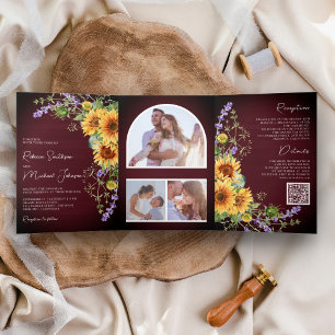 Sonnenblumen Lavender Burgund QR Code Hochzeit Dreifach Gefaltete Einladung