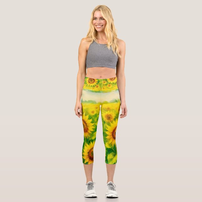 Sonnenblumen-Leggings mit hoher Taille Capri Leggings (Vorderseite)