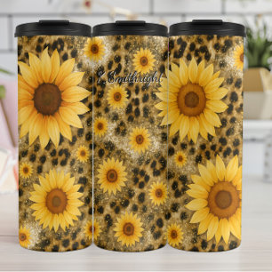 Sonnenblumen Leopard Print Glitzer Thermosbecher