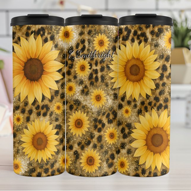 Sonnenblumen Leopard Print Glitzer Thermosbecher (Von Creator hochgeladen)