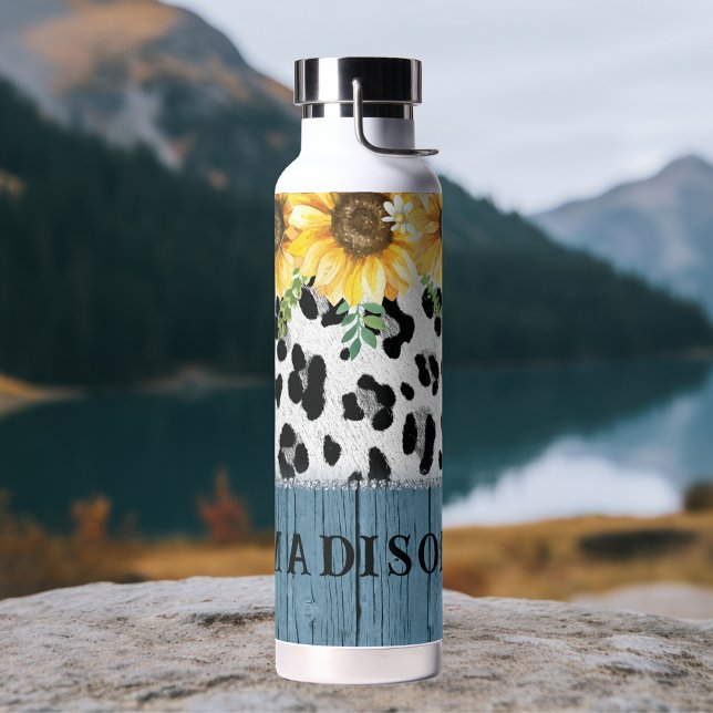 Sonnenblumen Leopard Print Rustic Chic Name Trinkflasche (Von Creator hochgeladen)