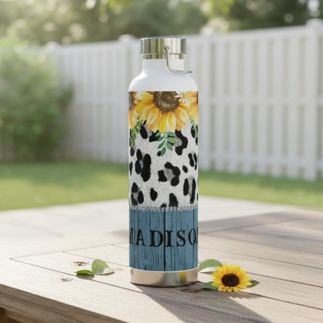 Sonnenblumen-Leoparden-Druck Rustikaler Chic Name Trinkflasche (Von Creator hochgeladen)