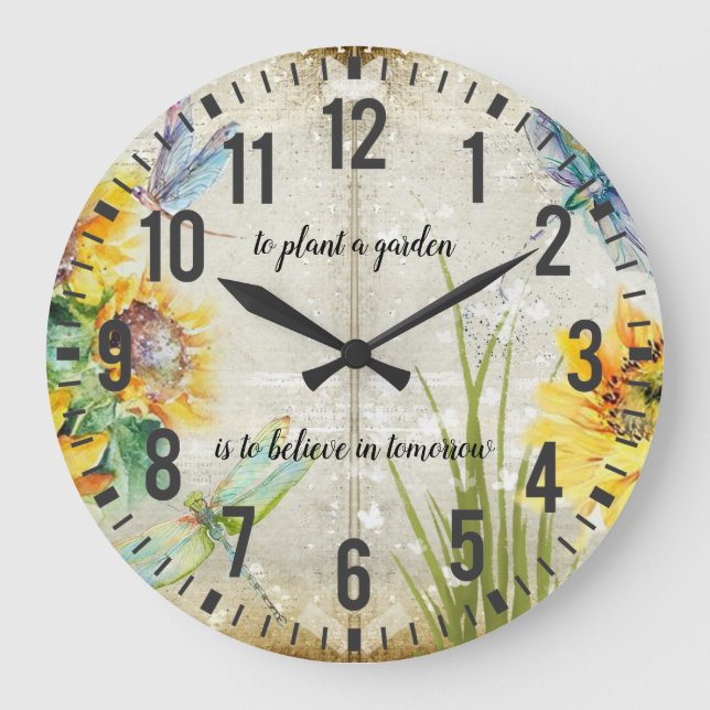 Sonnenblumen Libellen Shabby und Chic Garden Große Wanduhr (Vorderseite)