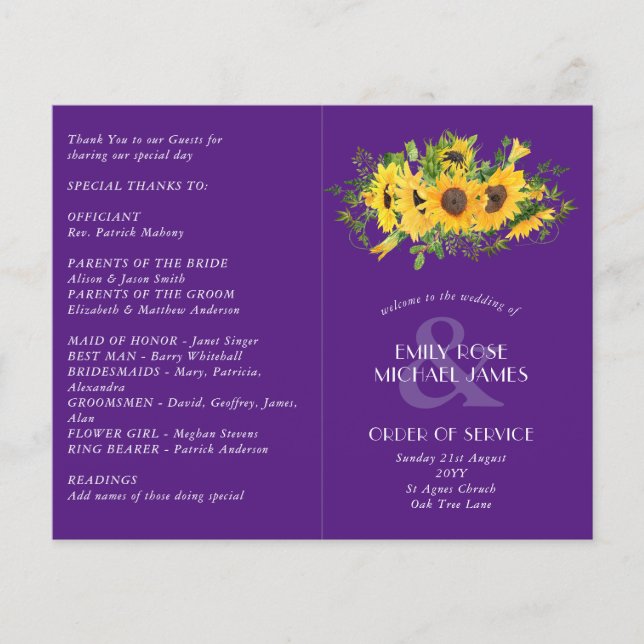 Sonnenblumen Lila Hochzeitsprogramm oder sonstige  (Vorderseite)