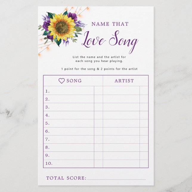 Sonnenblumen Lila Lights Brautparty Song Game (Vorderseite)