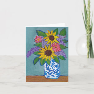 Sonnenblumen & Lilacs in Blauer und Weiße Vase Karte