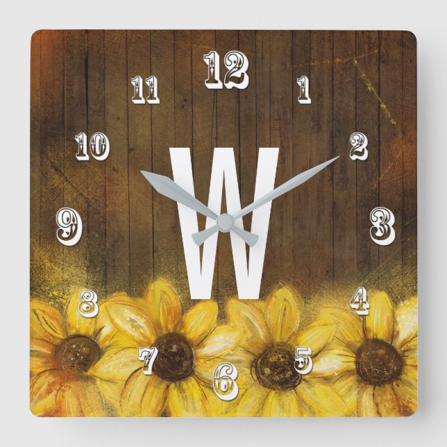 Sonnenblumen malten auf Monogramm des Holz-| Quadratische Wanduhr (Vorderseite)