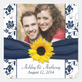 Sonnenblumen-Marine und White Damask Hochzeitskleb Quadratischer Aufkleber