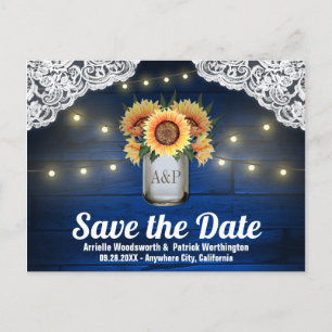 Sonnenblumen-Mason-Glas-Holz-Save-the-Date-Postkar Ankündigungspostkarte