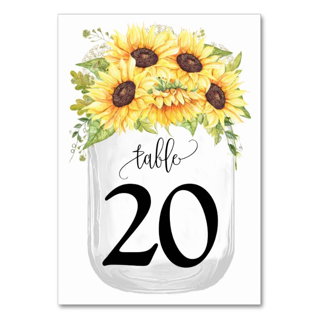 Sonnenblumen Mason Jar Country Wedding Tischnummer (Vorderseite)