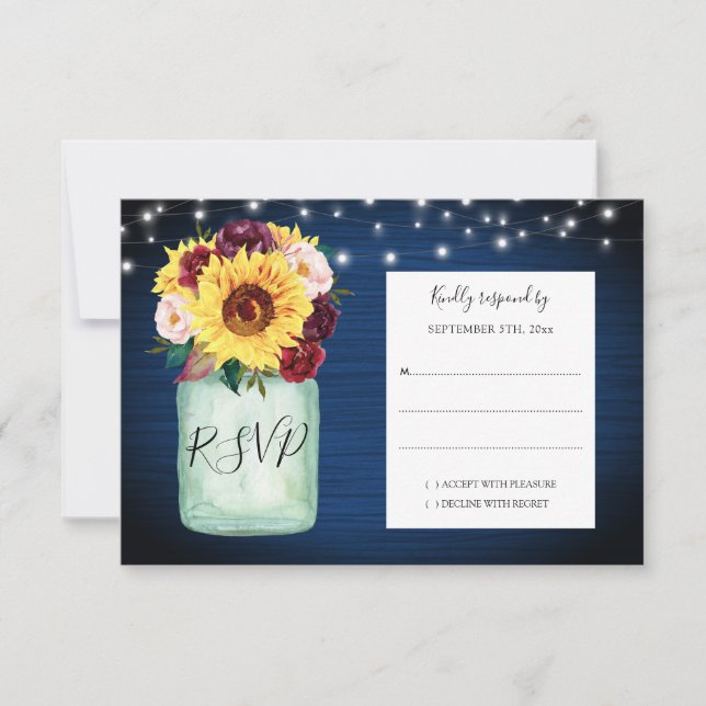 Sonnenblumen Mason Jar Navy Blue Wedding RSVP (Vorderseite)