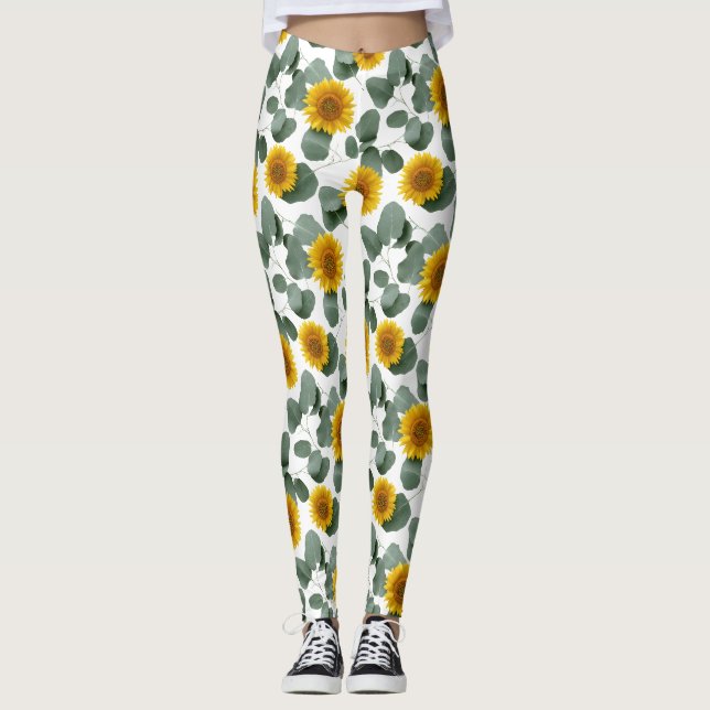 Sonnenblumen mit Eukalyptusblätter-Muster Leggings (Vorderseite)