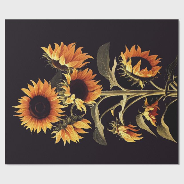 SONNENBLUMEN MIT GRÜNEN BLÄTTER IN SCHWARZ GESCHENKPAPIER (Flach)