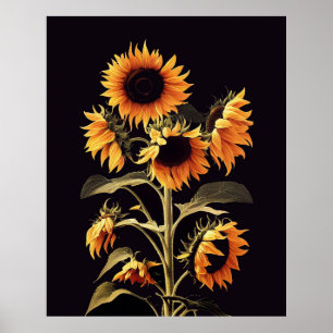 SONNENBLUMEN MIT GRÜNEN BLÄTTER IN SCHWARZ POSTER
