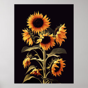 SONNENBLUMEN MIT GRÜNEN BLÄTTERN AUF SCHWARZ POSTER