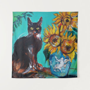 SONNENBLUMEN MIT KATZE IN BLAU TÜRKIS WANDTEPPICH