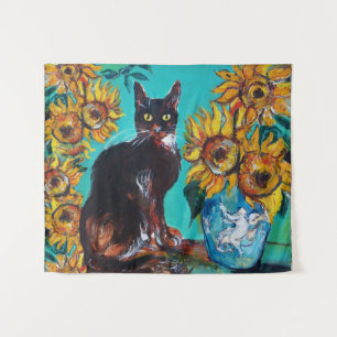 SONNENBLUMEN MIT KATZE IN BLAU TURKIS WANDTEPPICH