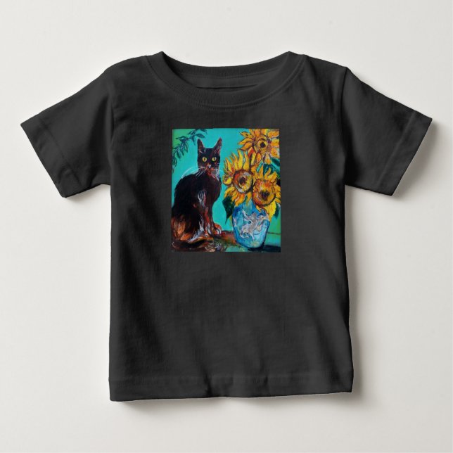 SONNENBLUMEN MIT KATZE IN BLAUEM TURQUOISE BABY T-SHIRT (Vorderseite)
