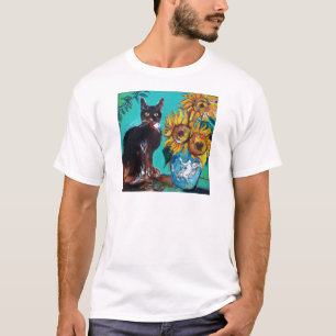 SONNENBLUMEN MIT KATZE IN BLAUEM TURQUOISE T-Shirt